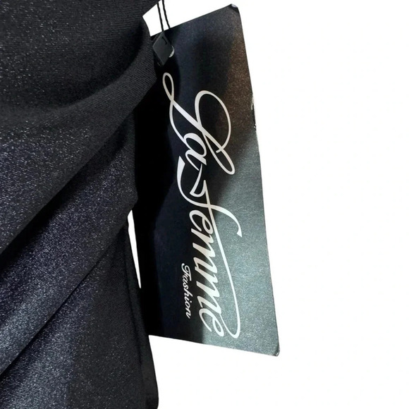 LA FEMME Cross Back Satin Jersey Trumpet Gown 28206 Black Size 6 NWT - Picture 7 of 11